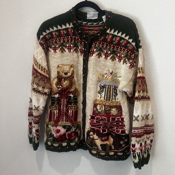 vtg 90s FASHION BUG ugly Christmas holiday teddy bear cotton ramie Cardigan Sz L - Picture 1 of 10
